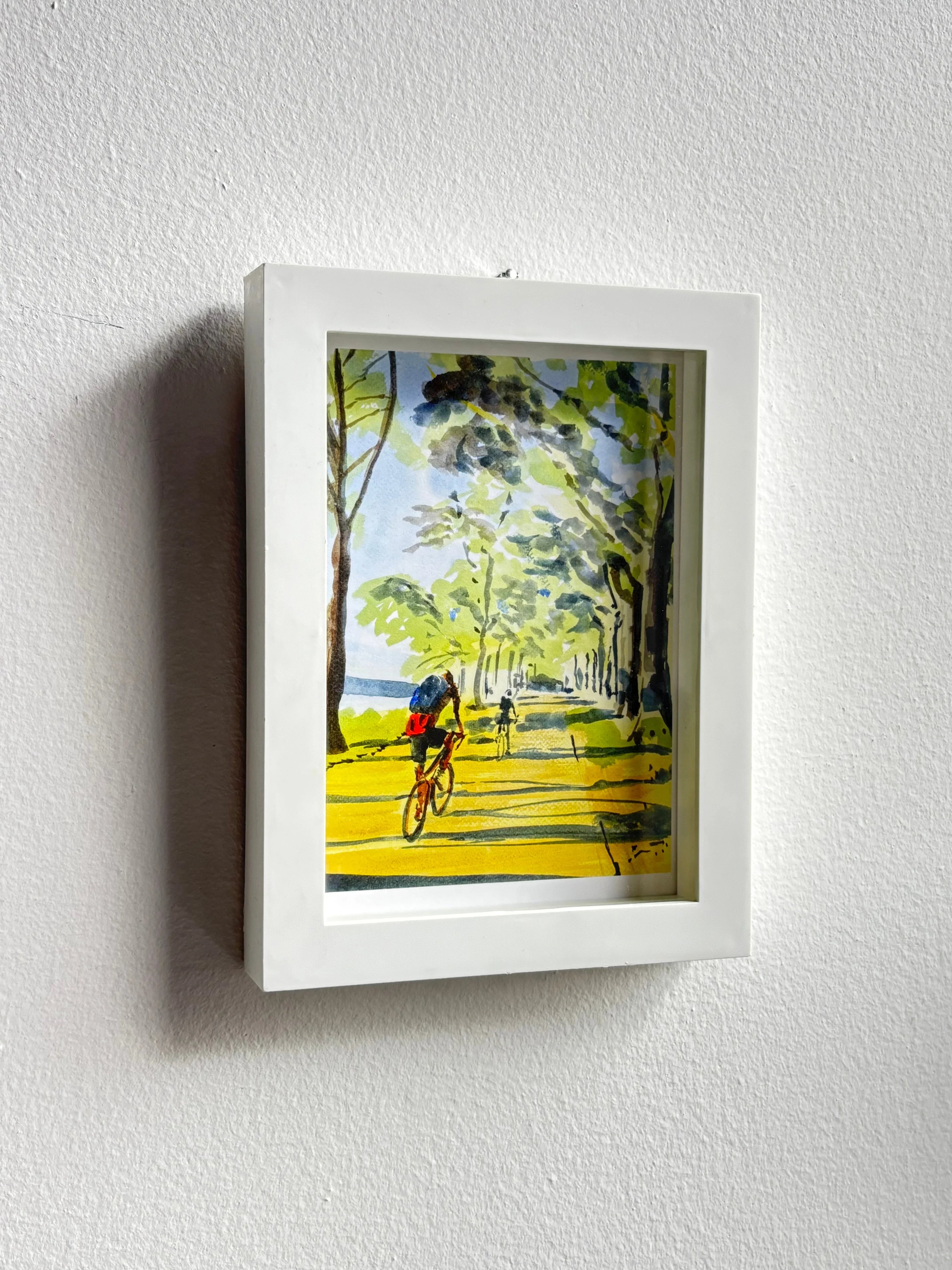 Biking in the Light, Hudson River, Bikers, Watercolor Painting, angled view - House Of Avana