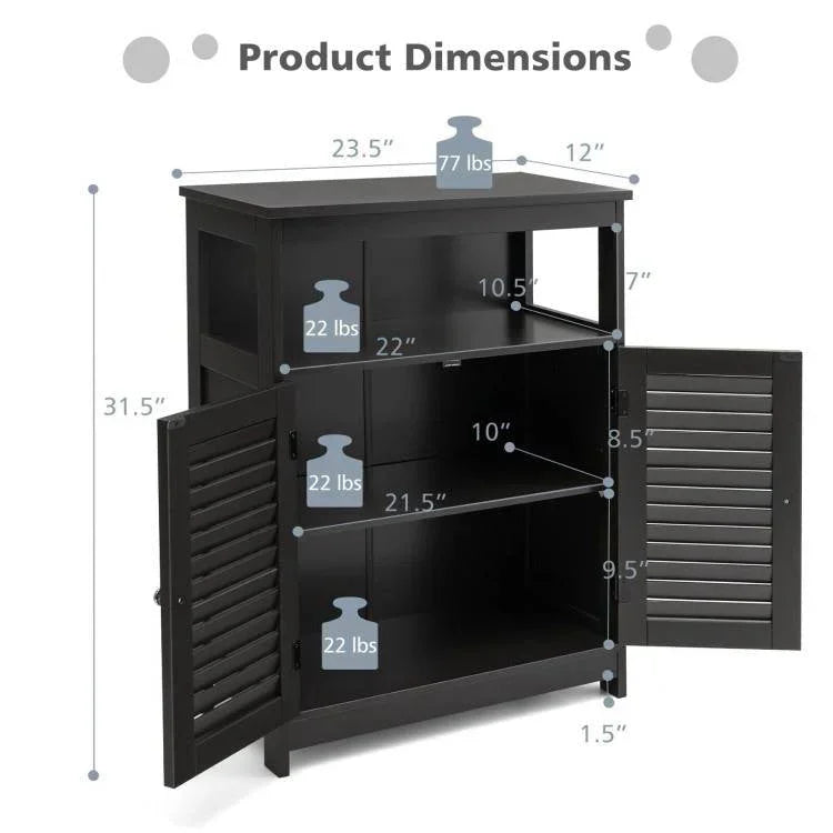 Black Farmhouse Bathroom Linen Cabinet with Louvered Doors and Open Shelf