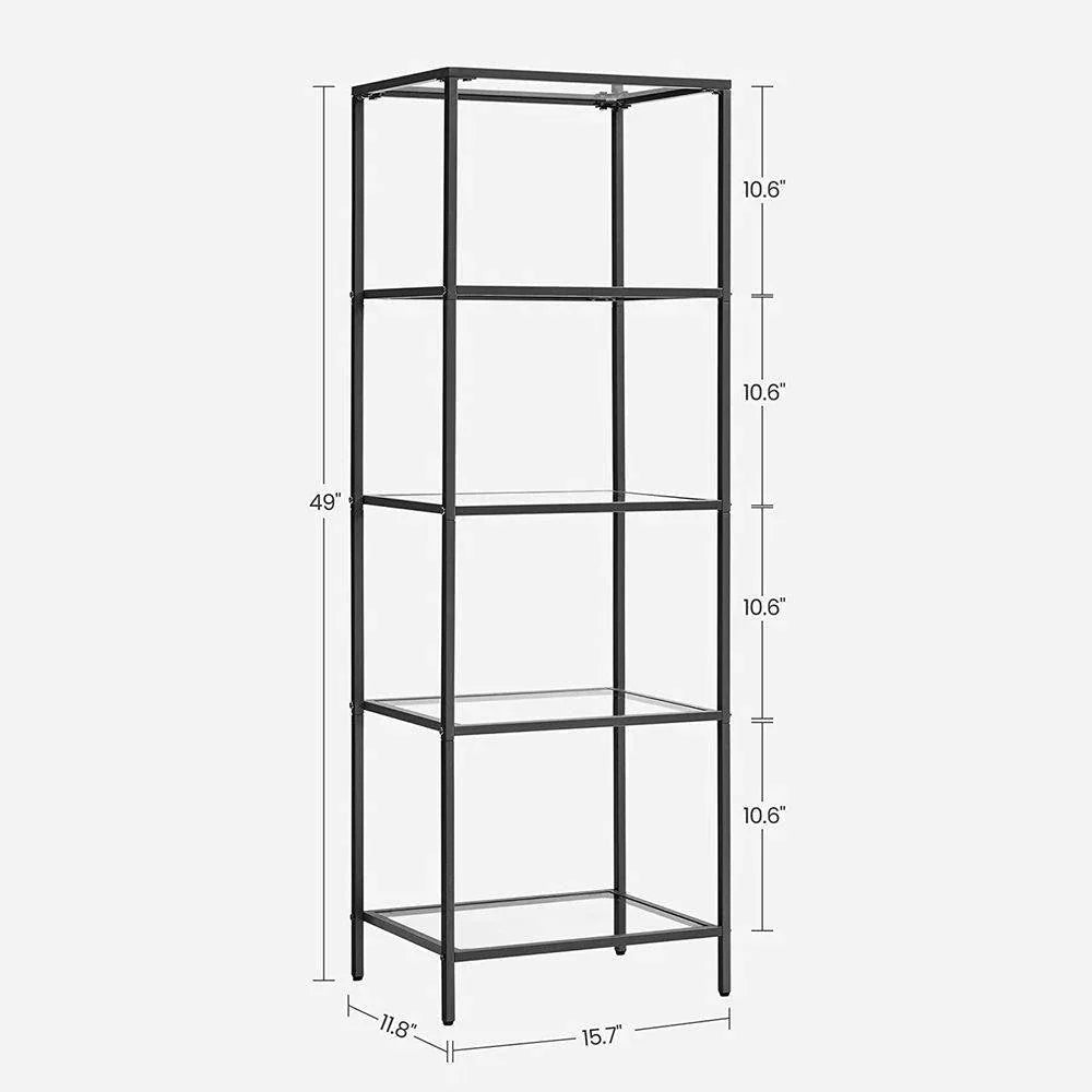 Black Metal Frame Glass Shelf Bookcase 4-Shelves Shelving Unit