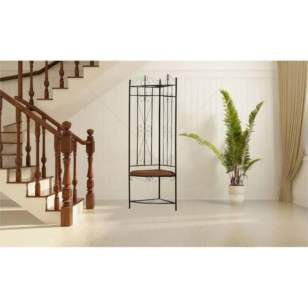 Black Metal Scrolling Corner Hall Tree Coat Rack Storage Bench