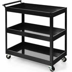 Black metal utility cart with three shelves on a white background
