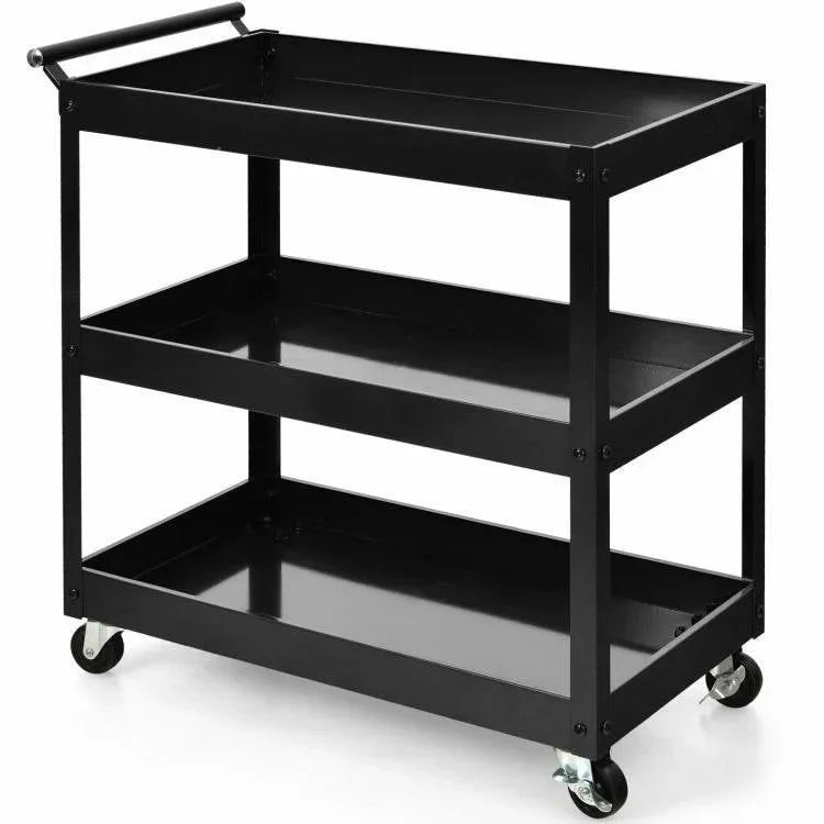 Black metal utility cart with three shelves on a white background