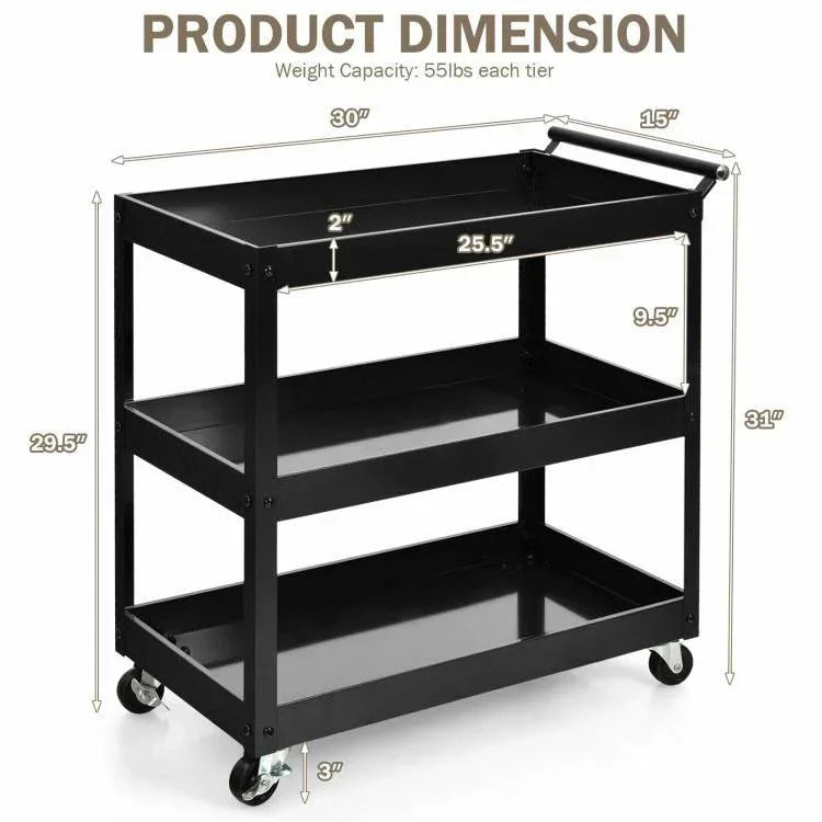 Black metal utility cart with dimensions labeled on a white background