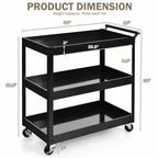 Black metal utility cart with dimensions labeled on a white background