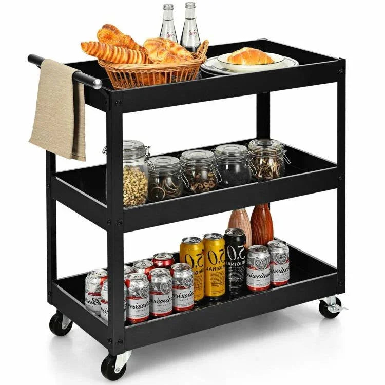 Black serving cart with food and drinks on a white background