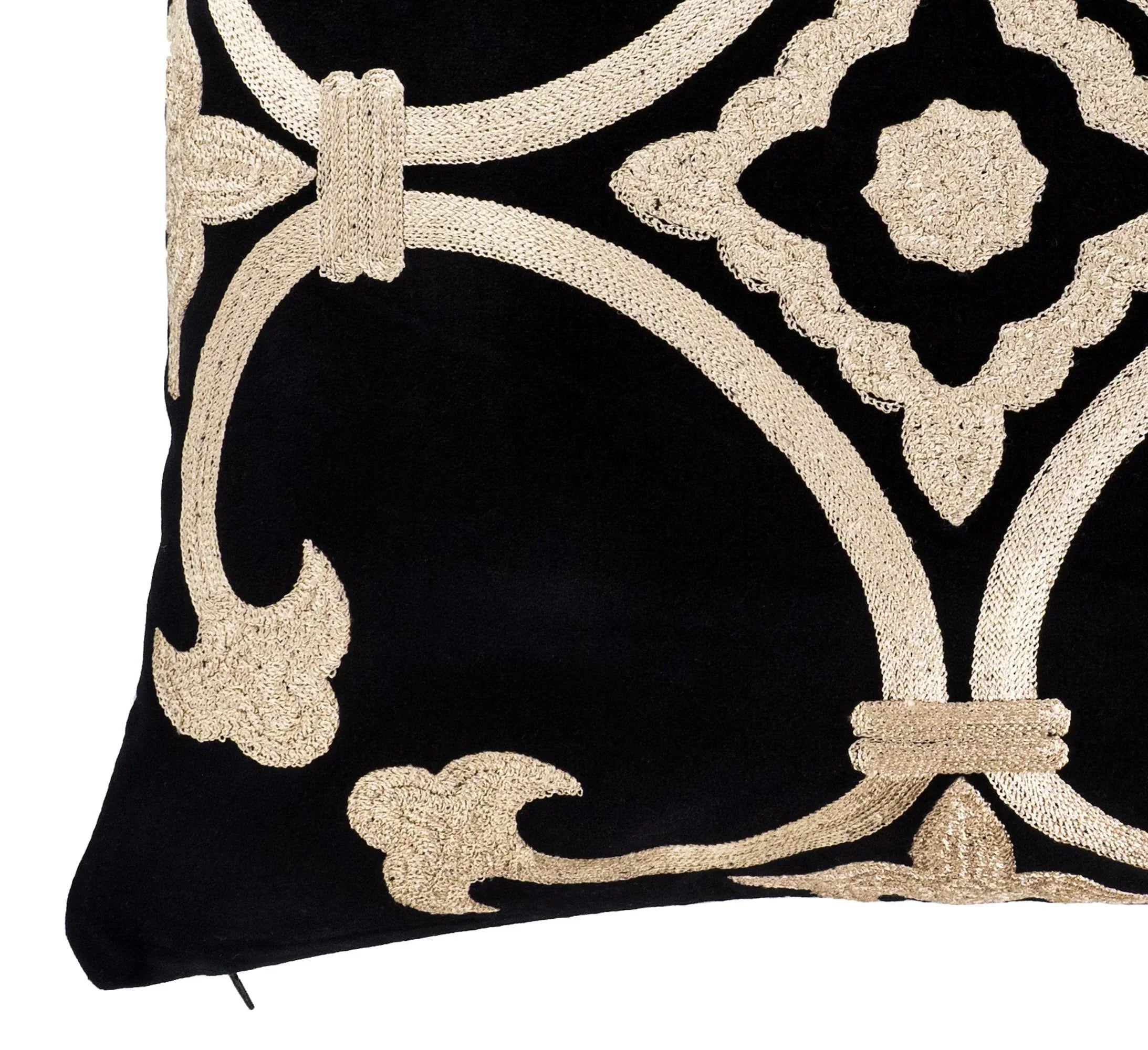 Black Velvet Throw Pillow with Gold Embroidery - Palazzo Collection, X 20, detail shot - House Of Avana