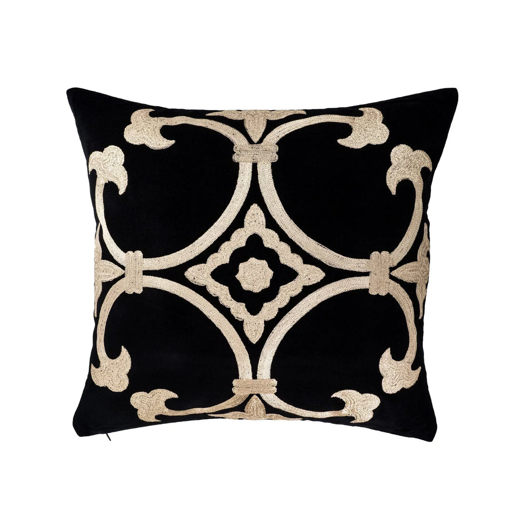 Black Velvet Throw Pillow with Gold Embroidery - Palazzo Collection, X 20, top view - House Of Avana