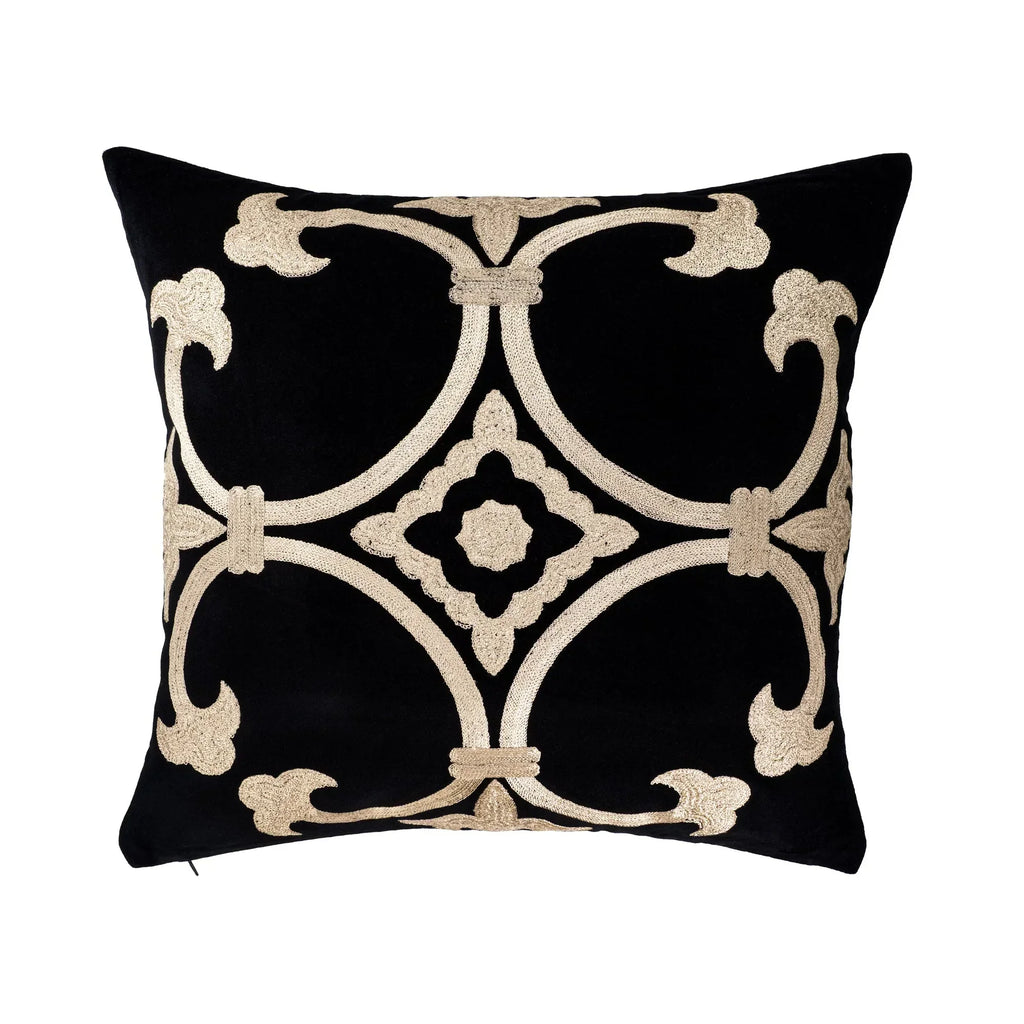 Black Velvet Throw Pillow with Gold Embroidery - Palazzo Collection, X 20, front view - House Of Avana