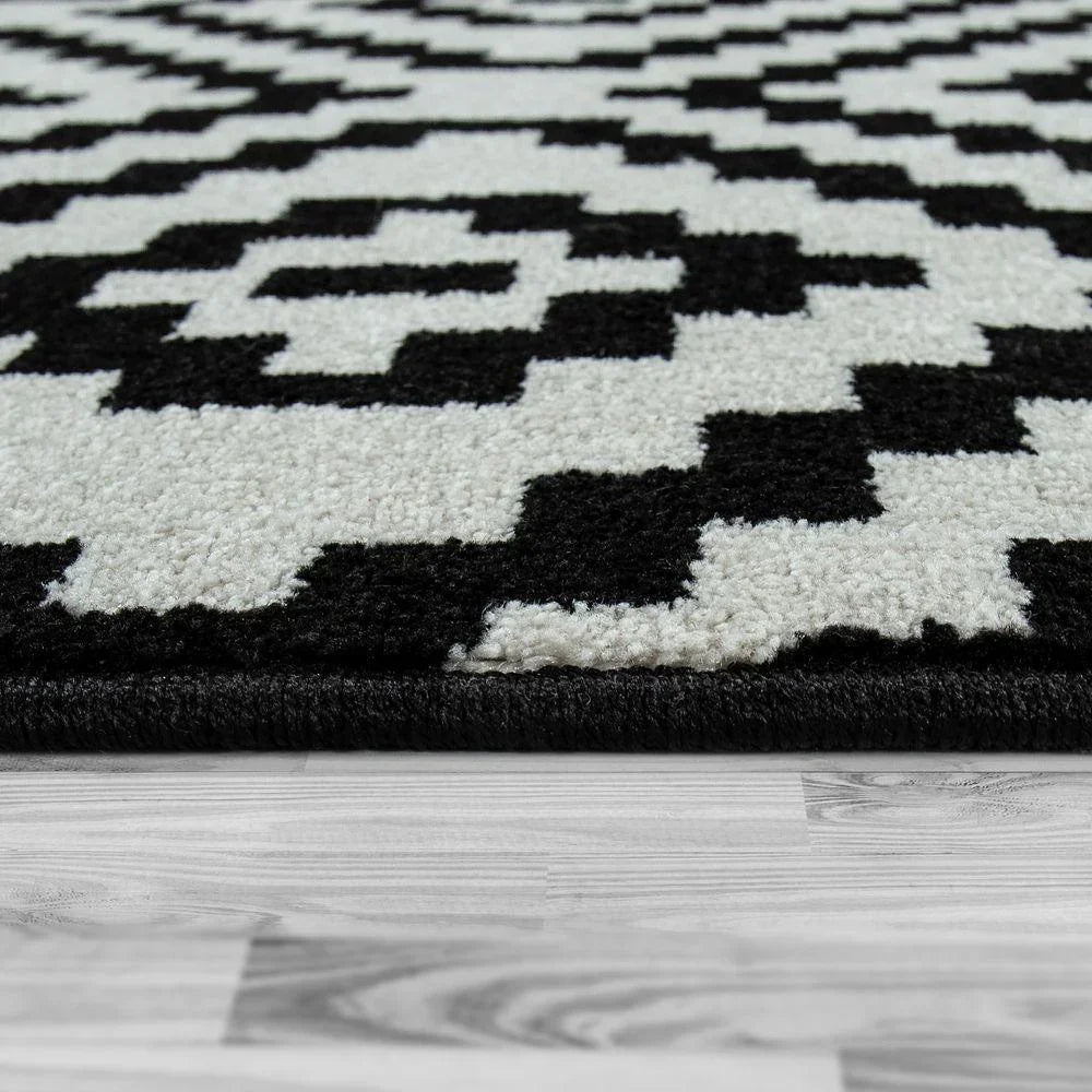Black White Living Room Rug Boho Design Diamond Pattern, back view - House Of Avana