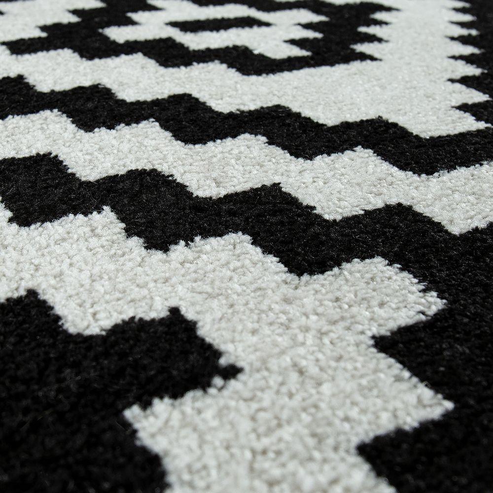 Black White Living Room Rug Boho Design Diamond Pattern, side view - House Of Avana
