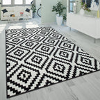 Black White Living Room Rug Boho Design Diamond Pattern, front view - House Of Avana