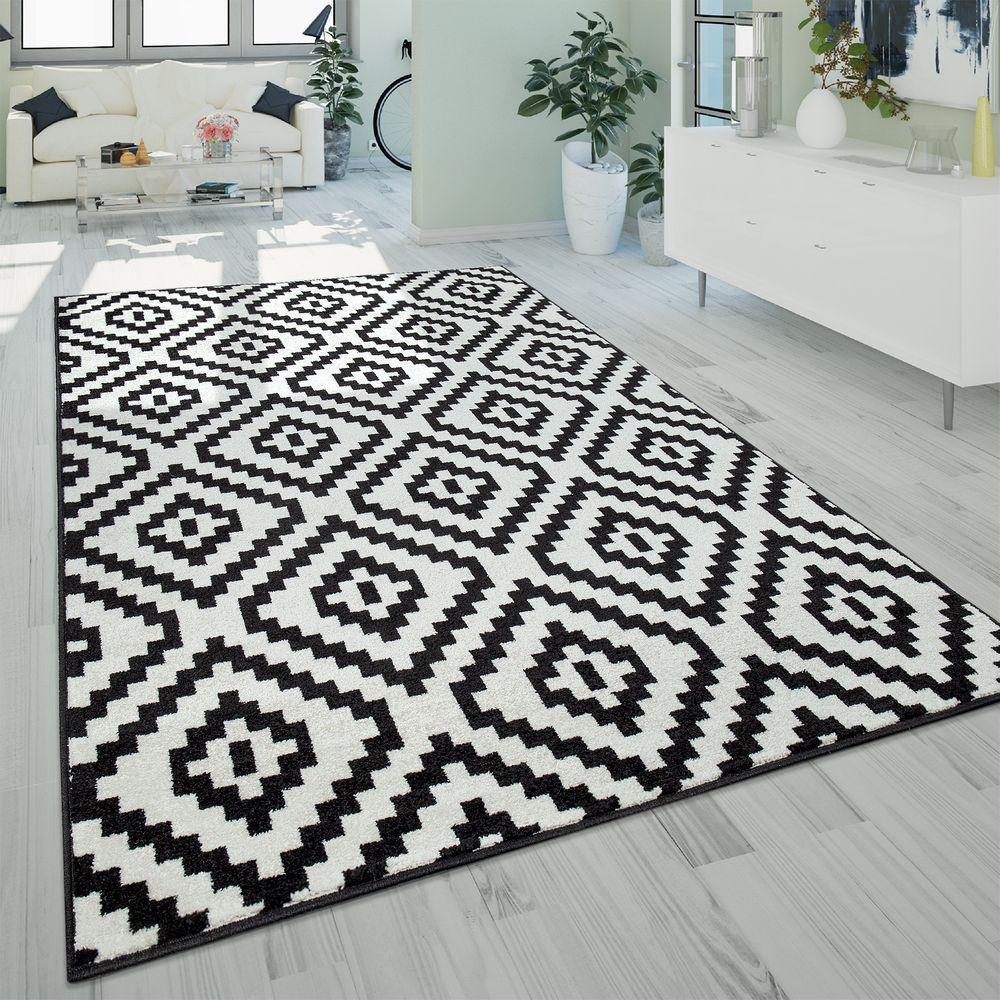 Black White Living Room Rug Boho Design Diamond Pattern, front view - House Of Avana
