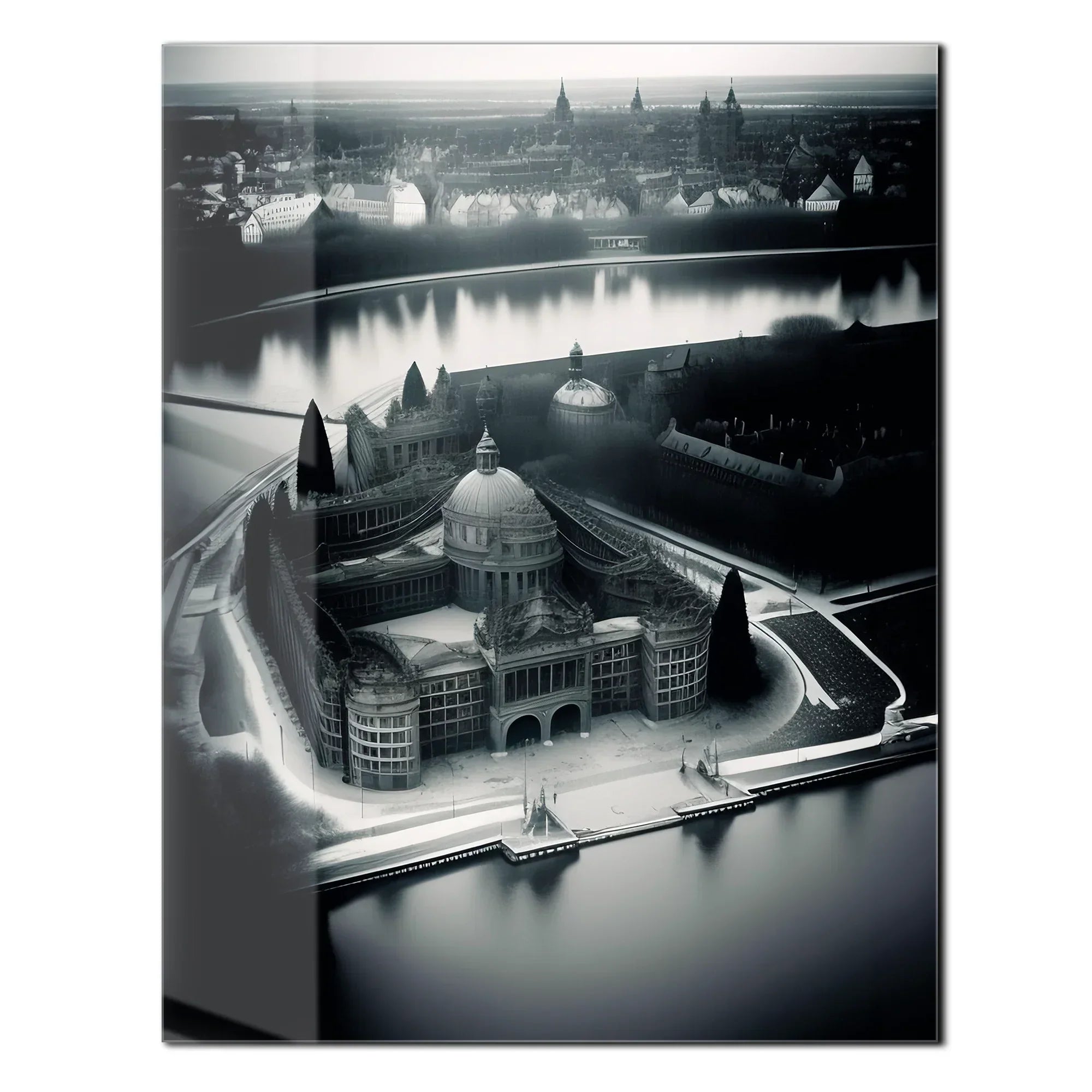 Black and White Palace Cityscape Glass Wall Art – Architectural UV Print Design-KAFCD054 Peony Atelier