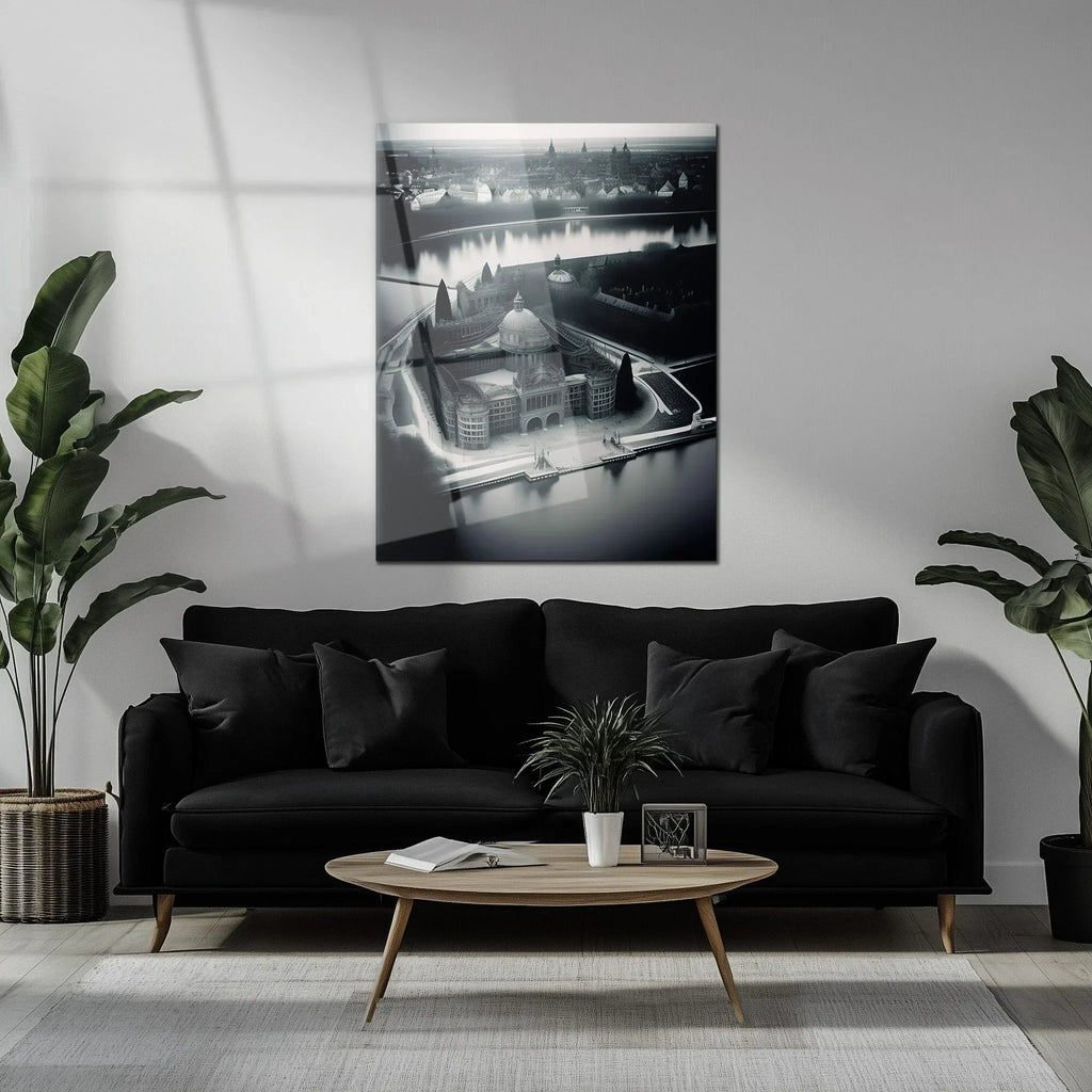 Black and White Palace Cityscape Glass Wall Art – Architectural Uv Print Design-kafcd054, lifestyle image - House Of Avana