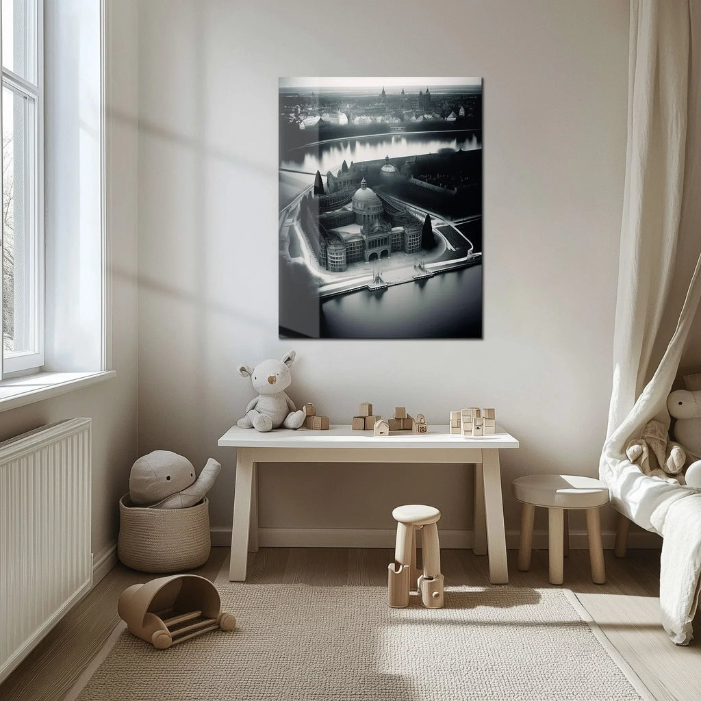 Black and White Palace Cityscape Glass Wall Art – Architectural Uv Print Design-kafcd054, top view - House Of Avana
