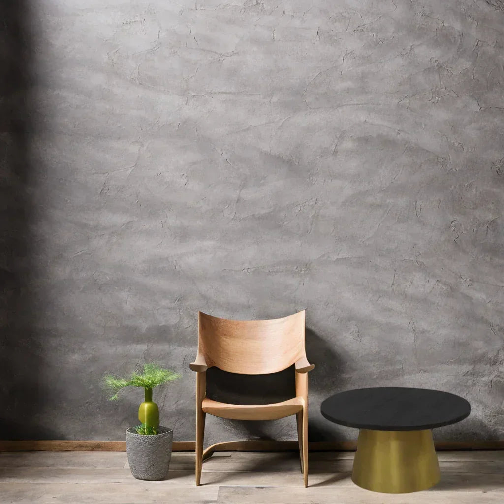 Black Mango Wood Coffee Table with Gold Drum Base, back view - House Of Avana