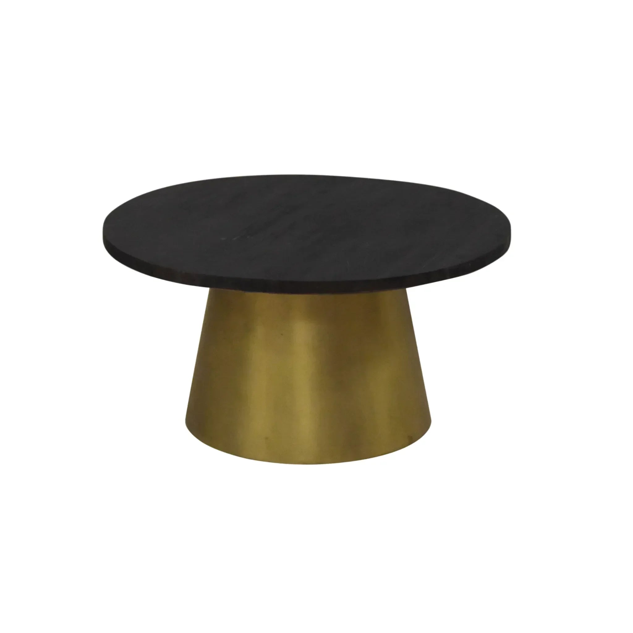 Black Mango Wood Coffee Table with Gold Drum Base, front view - House Of Avana