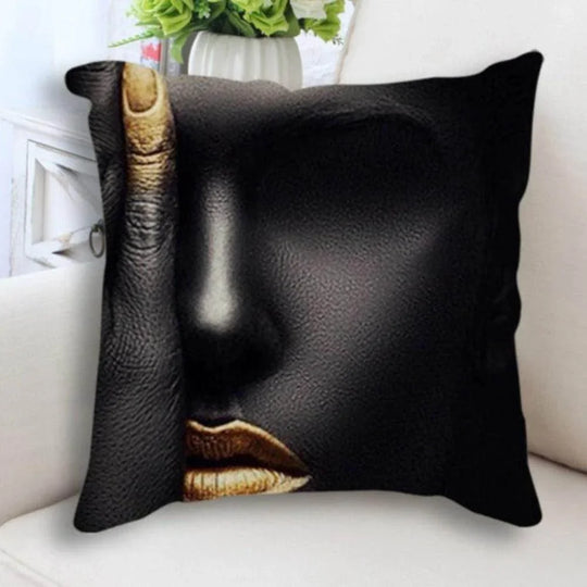 Abstract Black Gold Woman Face Print Cushion Cover - House Of Avana