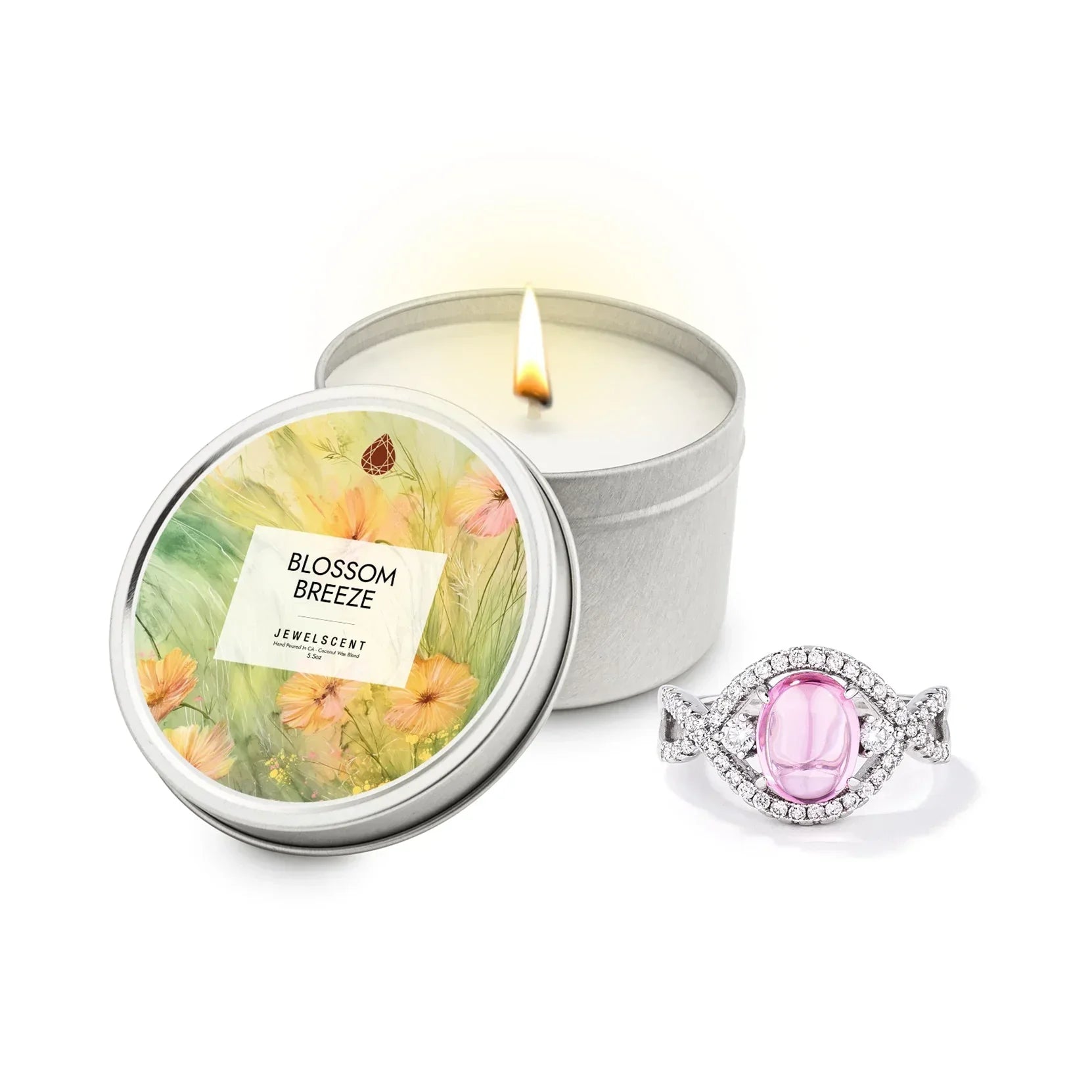 Blossom Breeze 5.5oz Tin Jewelry Candle, front view - House Of Avana