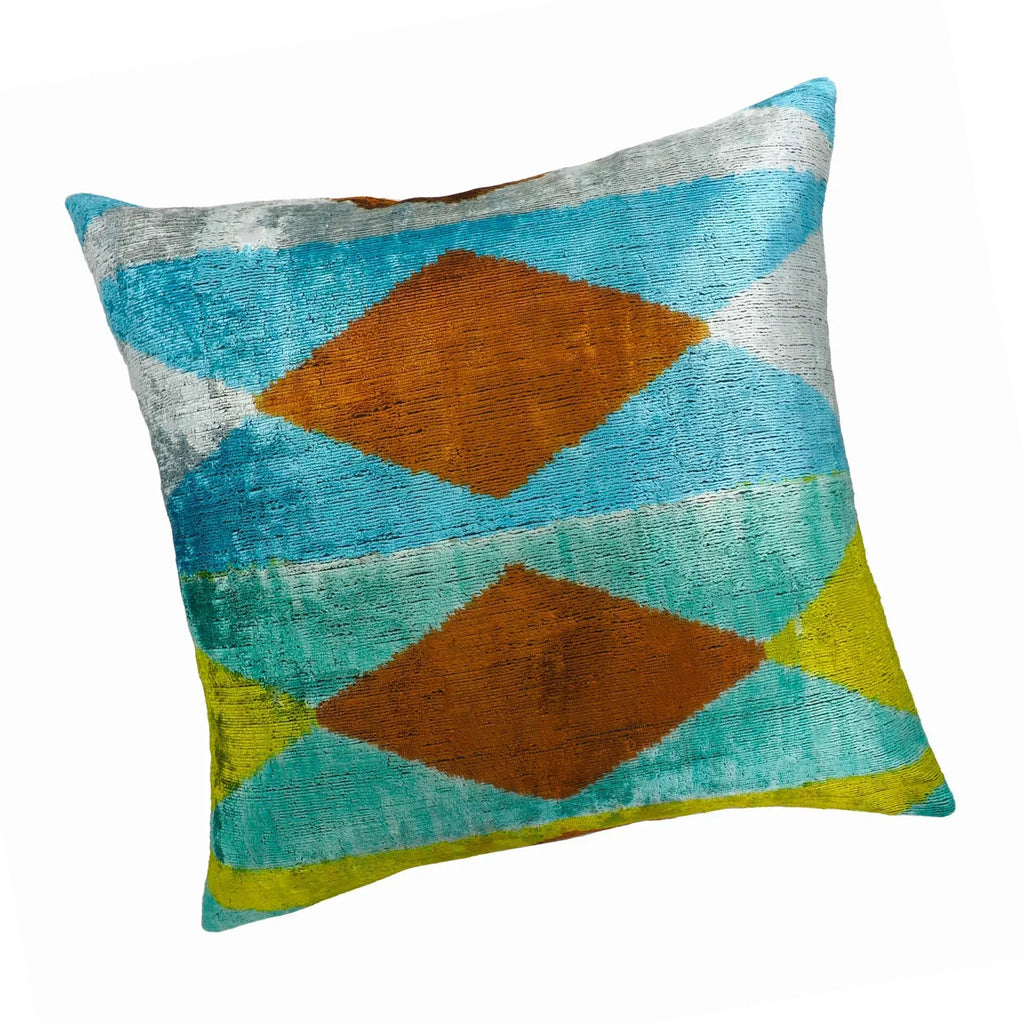 Blue Diamond Silk Velvet Ikat Throw Pillow Cover X 20, back view - House Of Avana