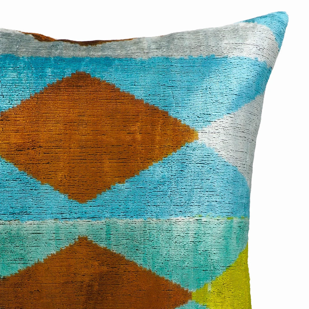 Blue Diamond Silk Velvet Ikat Throw Pillow Cover X 20, side view - House Of Avana