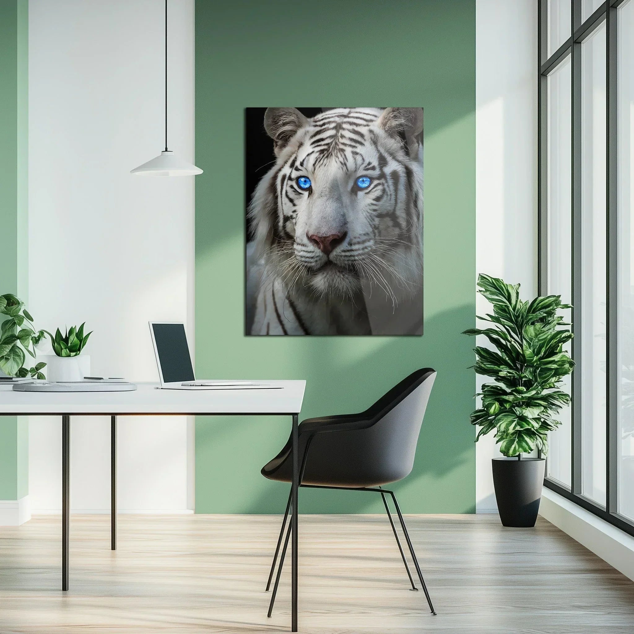 Blue-eyed White Tiger Glass Wall Art – Fierce Wildlife Portrait with Striking Gaze-kafcd016, front view - House Of Avana