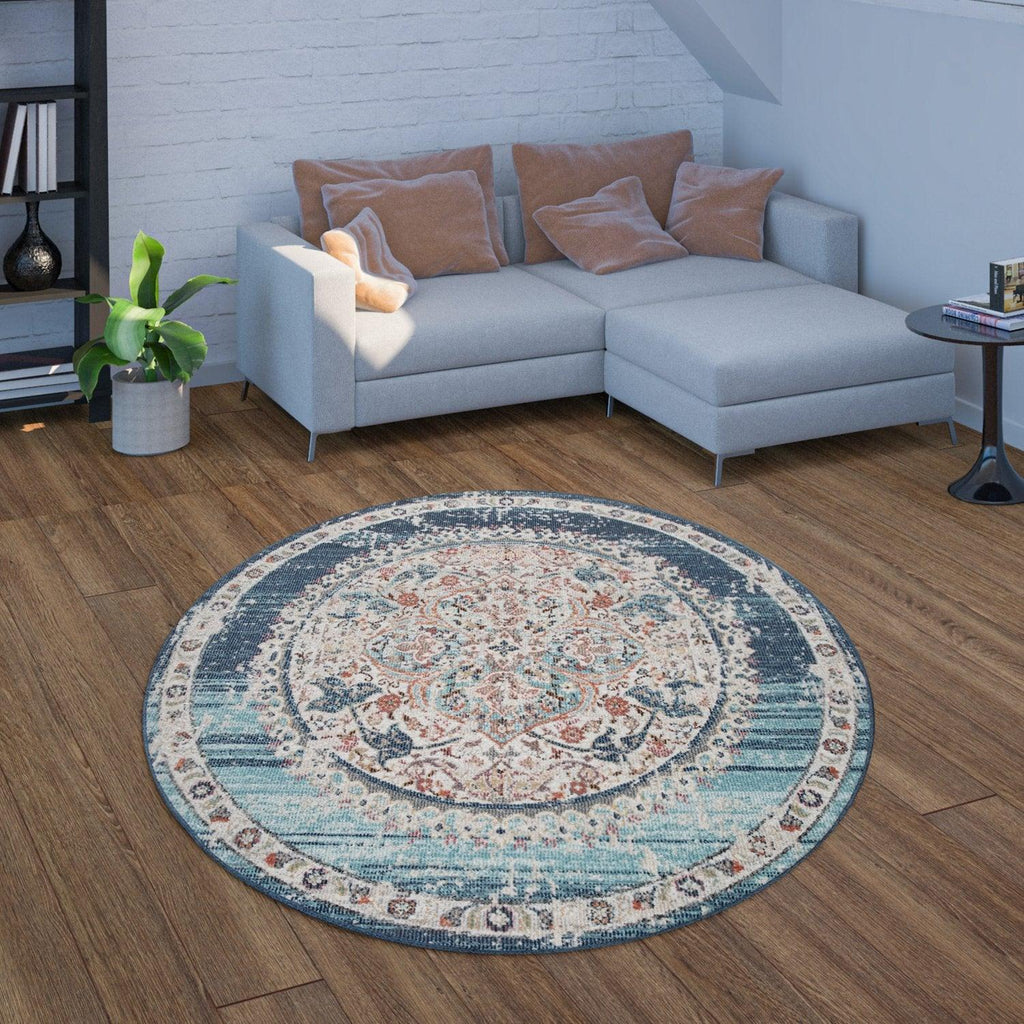 Blue Red Indoor & Outdoor Rug for Balcony Oriental Pattern, back view - House Of Avana