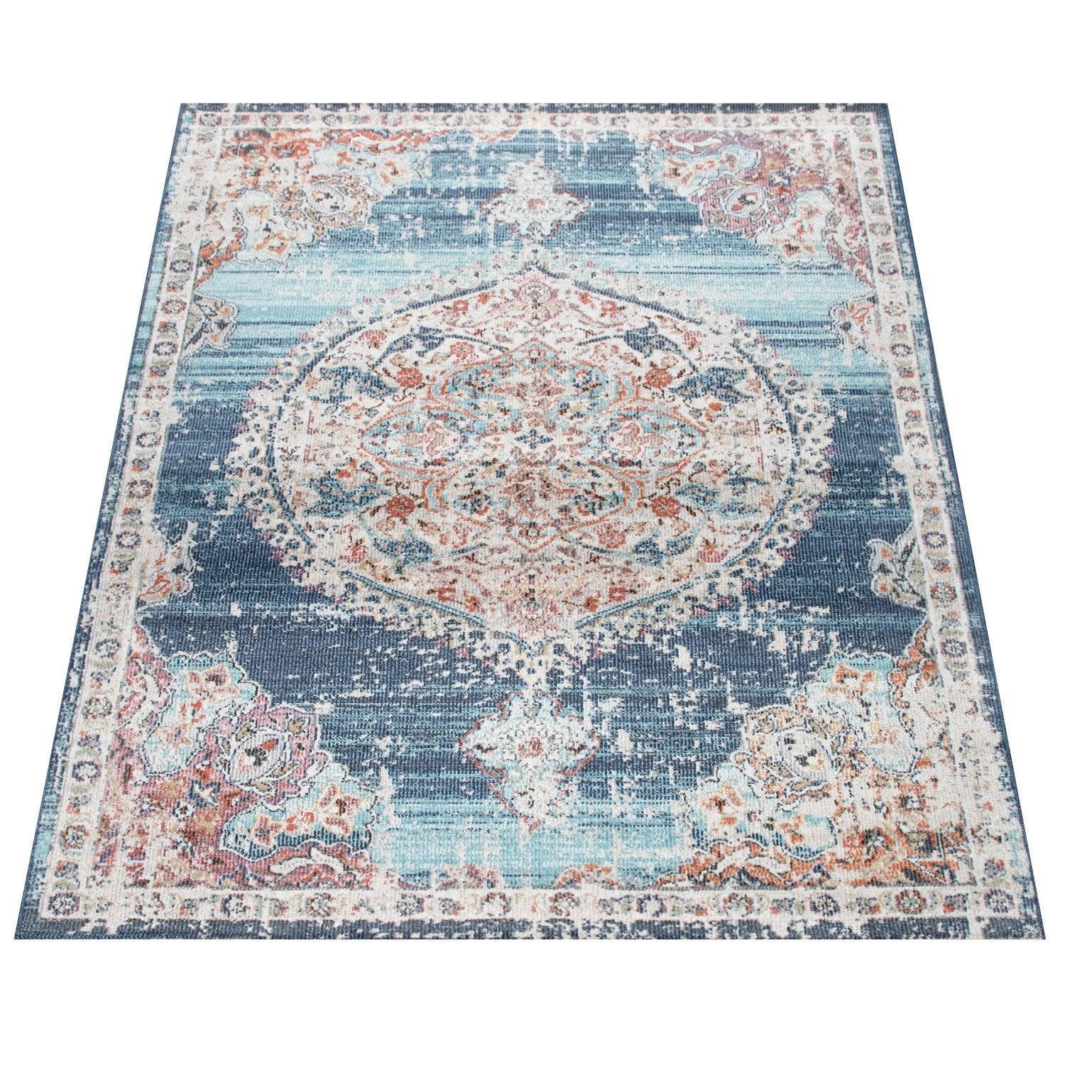 Blue Red Indoor & Outdoor Rug for Balcony Oriental Pattern, top view - House Of Avana
