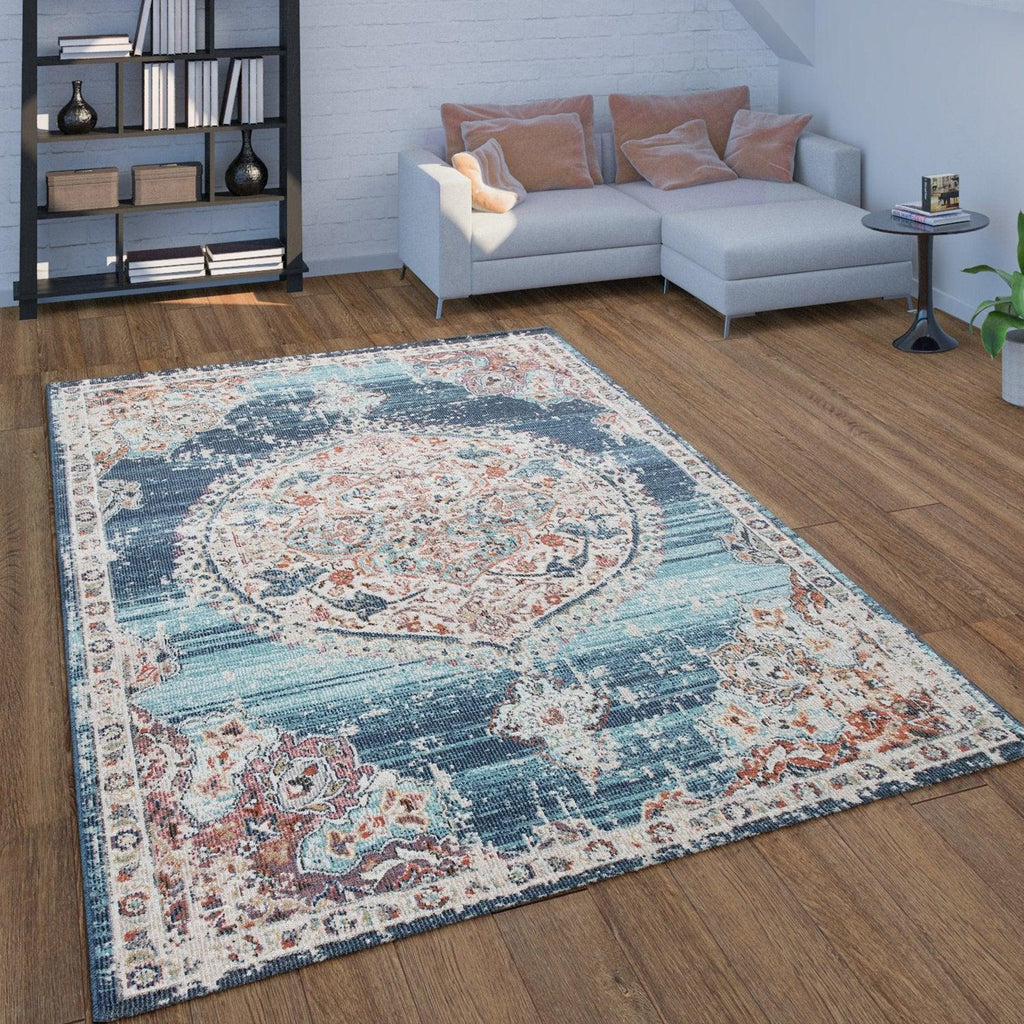 Blue Red Indoor & Outdoor Rug for Balcony Oriental Pattern, front view - House Of Avana