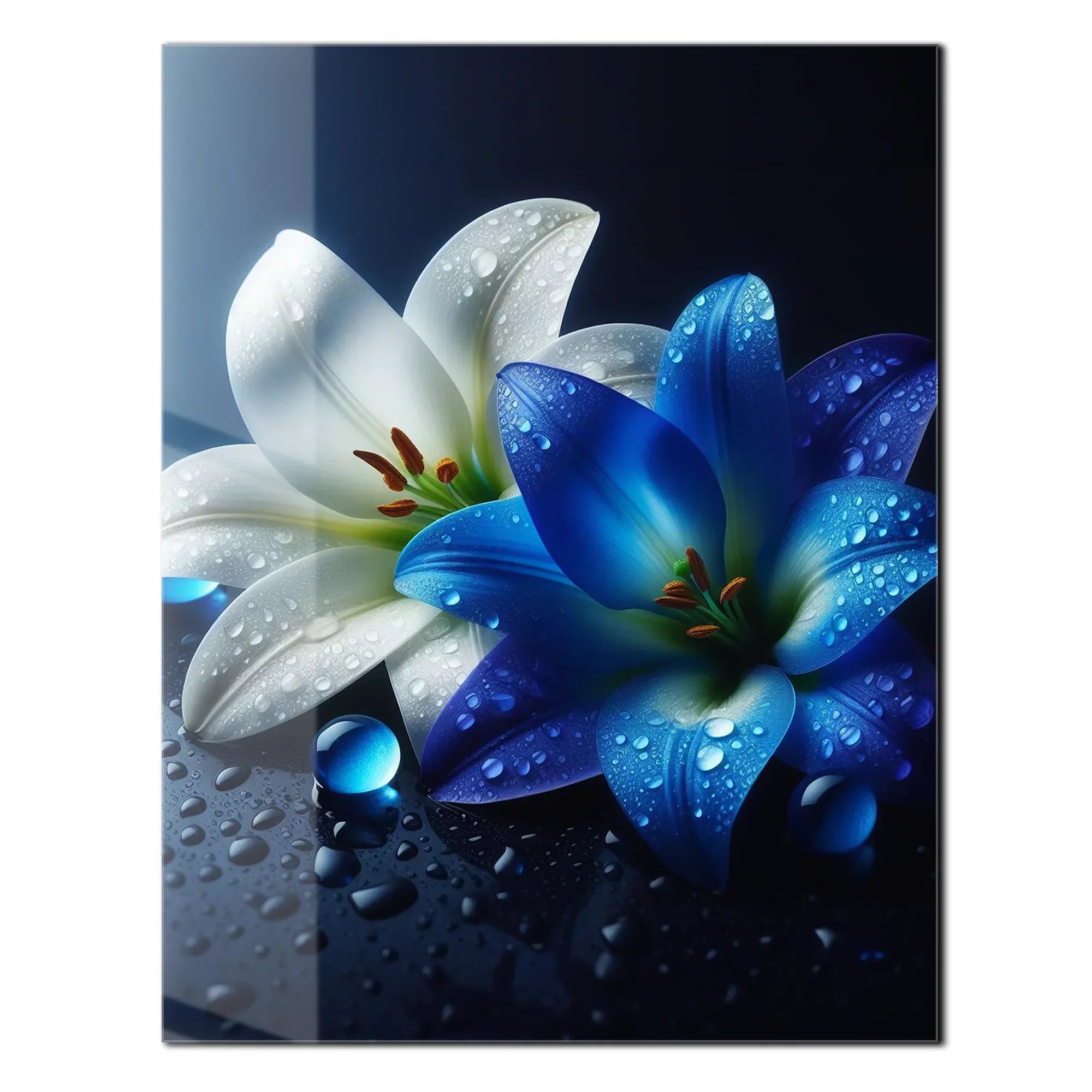 Blue and White Lilies with Dew Drops – Elegant UV Glass Floral Wall Art - KAFCD096 Peony Atelier