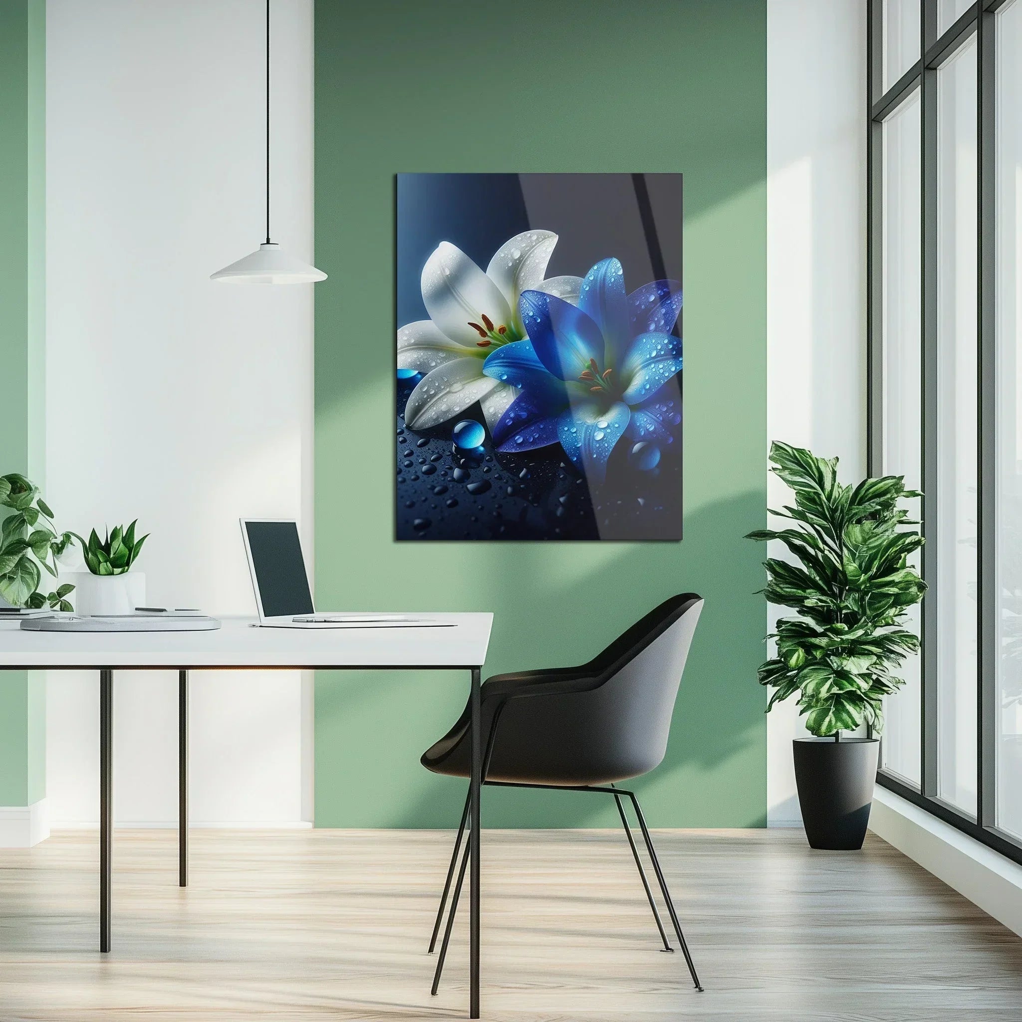 Blue and White Lilies with Dew Drops – Elegant Uv Glass Floral Wall Art - Kafcd096, front view - House Of Avana
