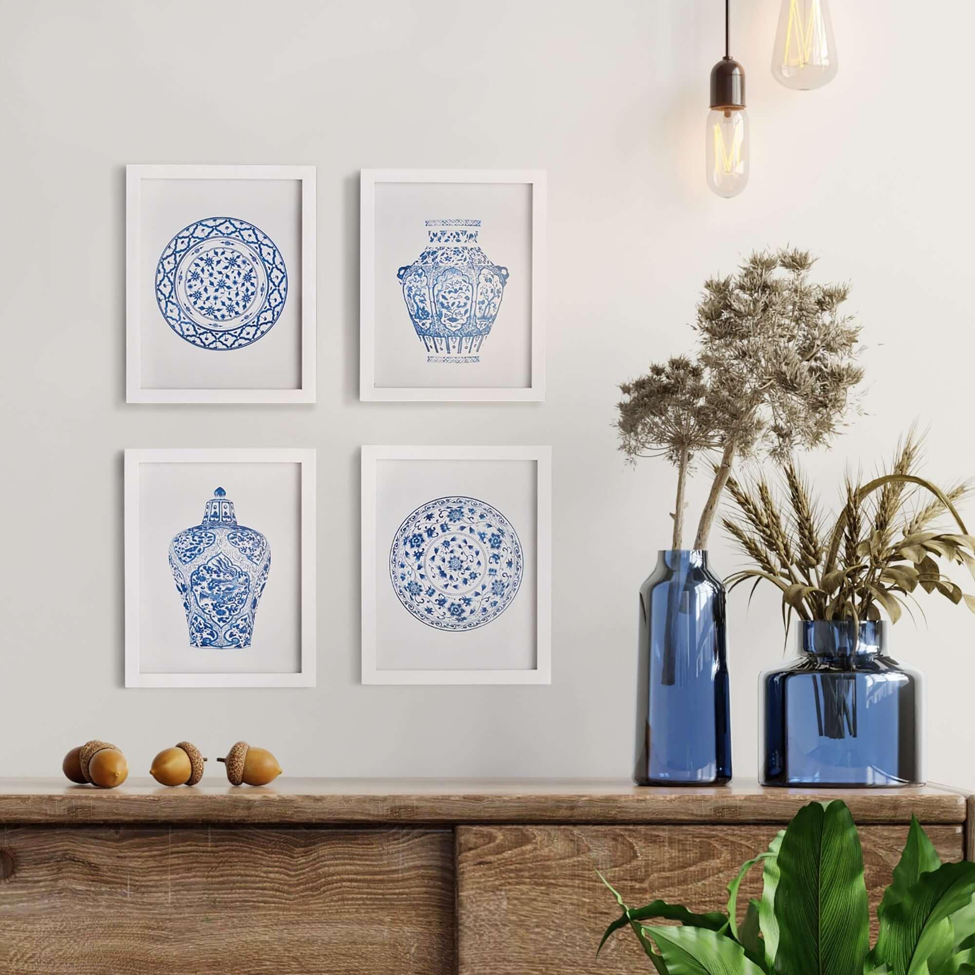 Blue and White Chinoiserie Ginger Jar and Plate Prints (Set of 4) Vintage Shopper