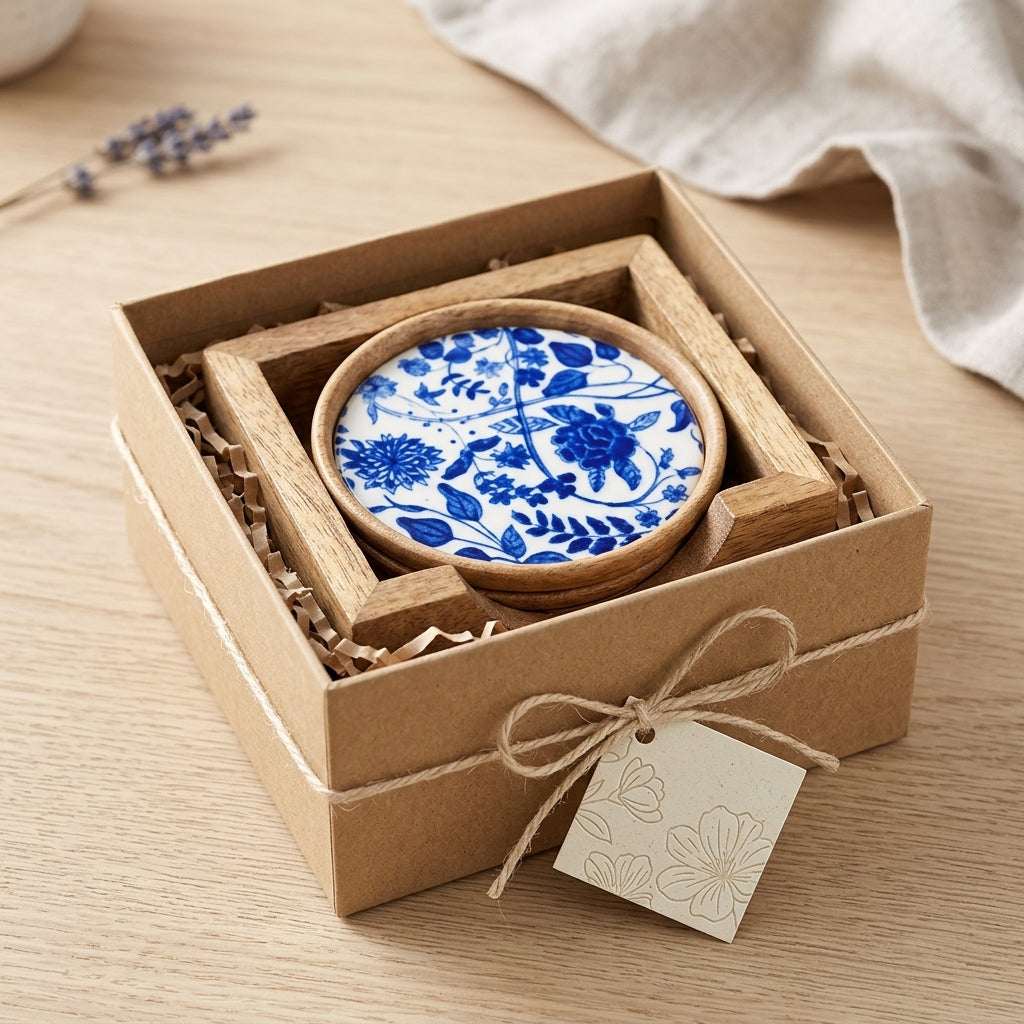 Blue and white ceramic coaster in a brown box with a decorative tag on a wooden surface. [[SKU:HOA-MOR-KIT-007]]