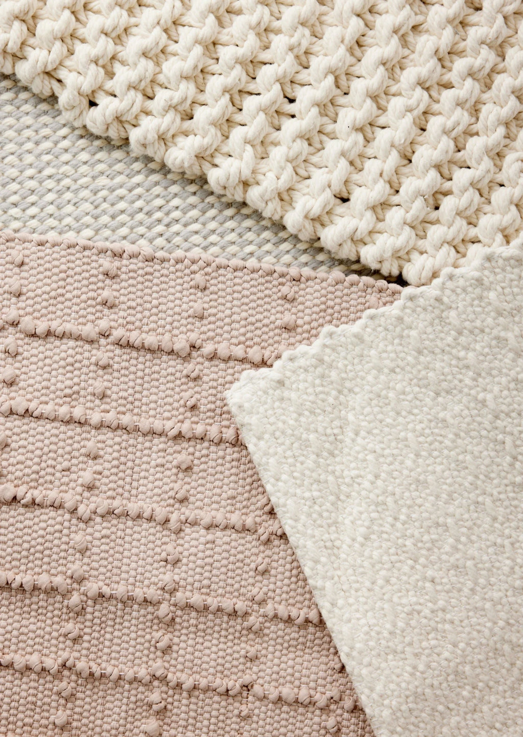 Blush Pink Plaid Hand-loomed Cotton Bobble Mat, side view - House Of Avana