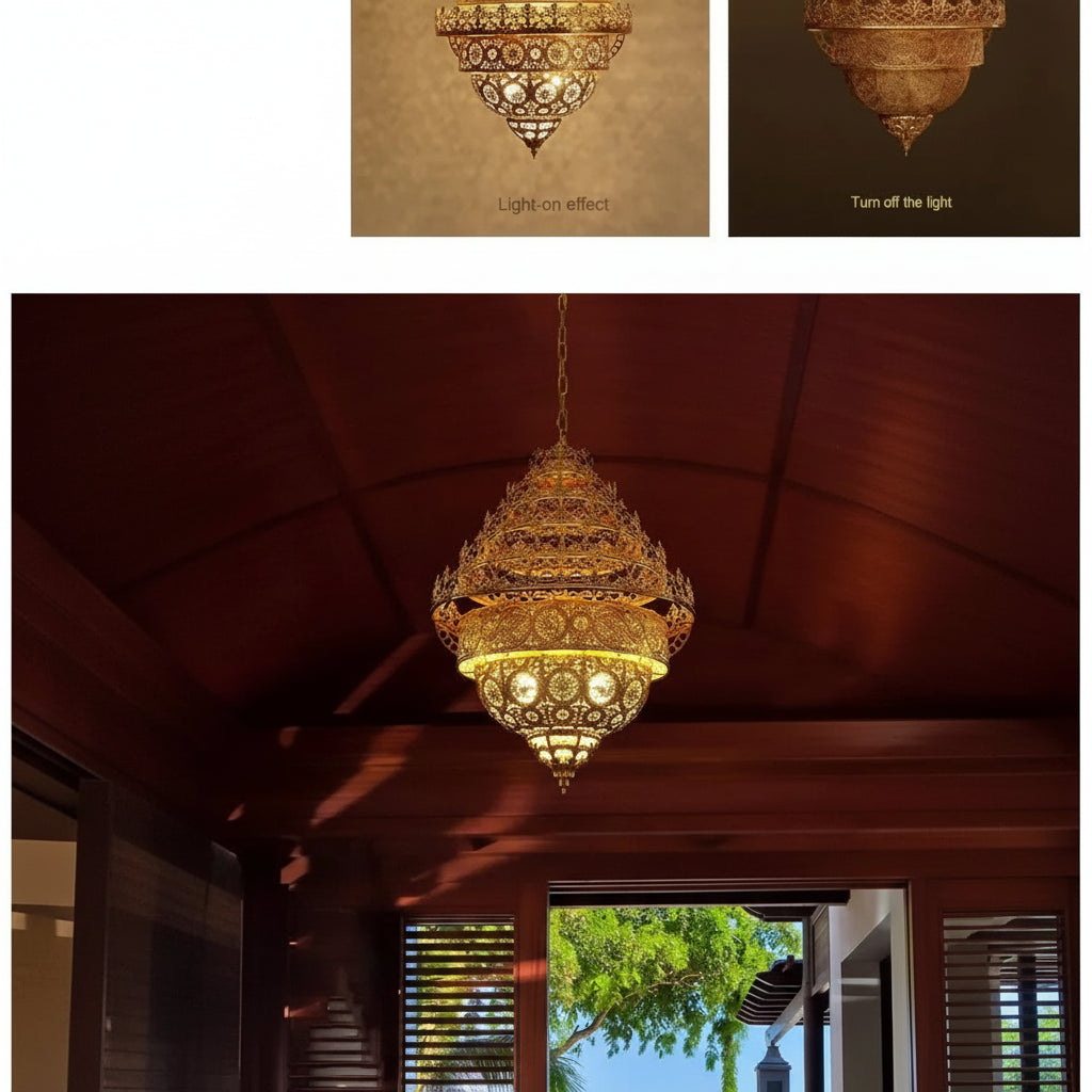 Collage of a decorative chandelier in various settings