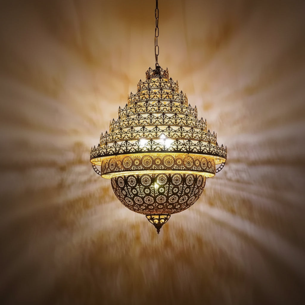 Ornate chandelier with intricate design on a warm beige background