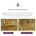 Description of handmade iron features with images of stitching traces and slight paint drop on a white background.