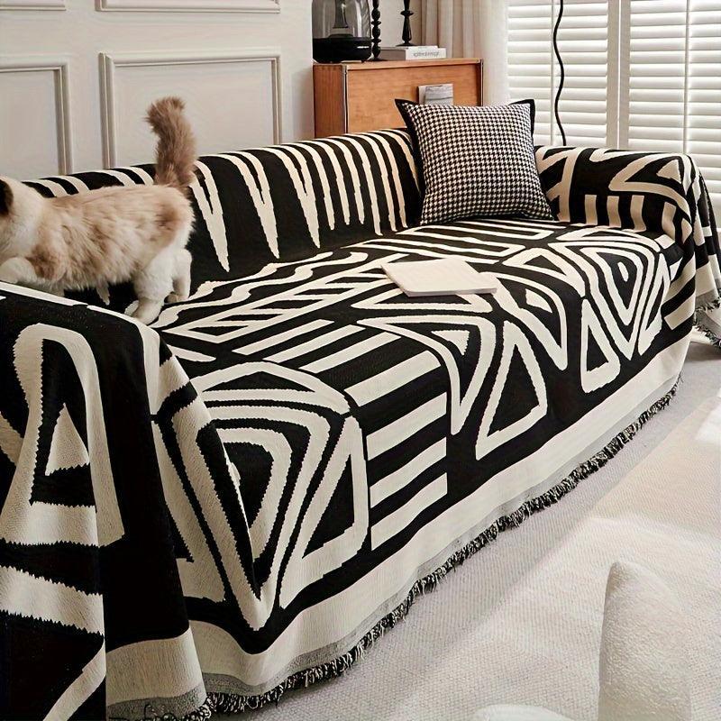 Bohemian-style Chenille Fabric Extra Long Couch Cover Anti Dog Scratch, front view - House Of Avana