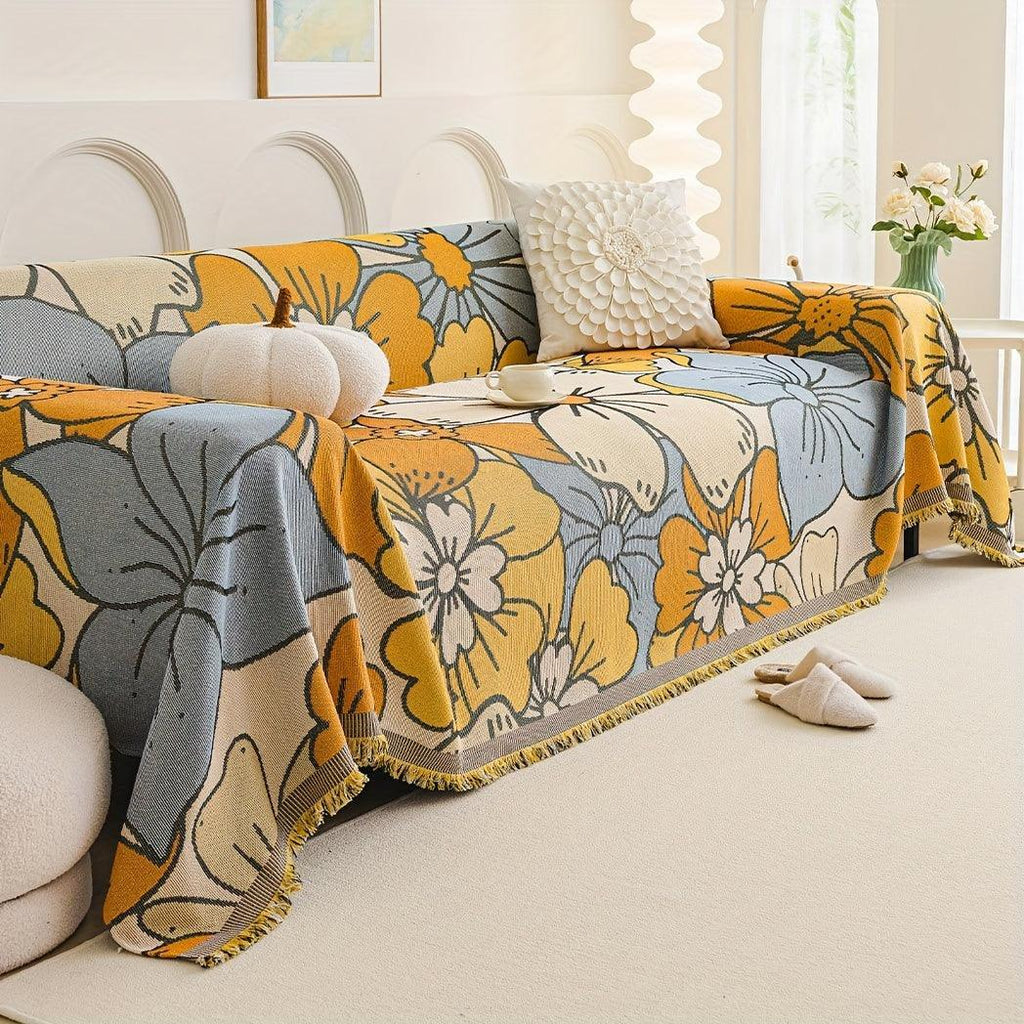 Boho Chic Double-sided Chenille Sofa Cover with Tassels - All-season, close-up view - House Of Avana