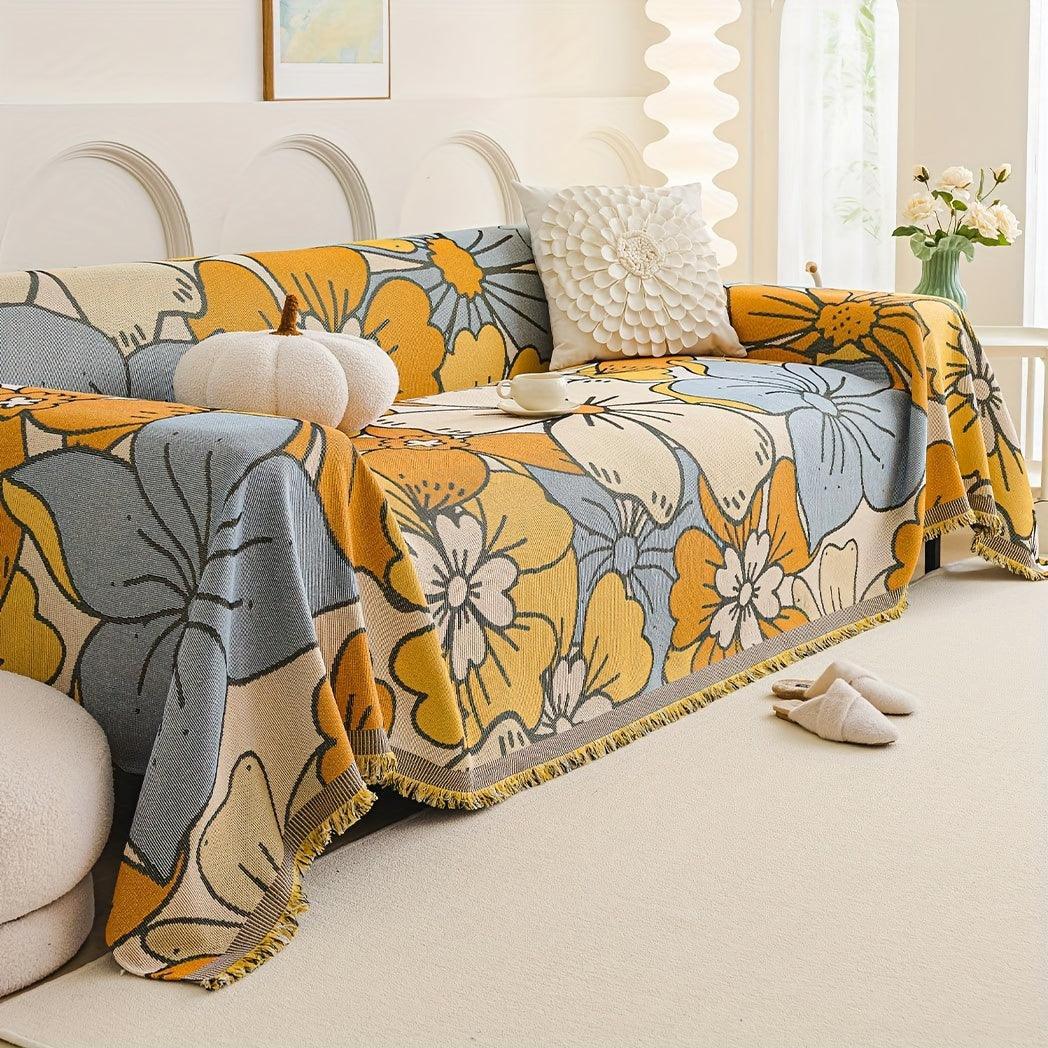 Boho Chic Double-sided Chenille Sofa Cover with Tassels - All-season, close-up view - House Of Avana