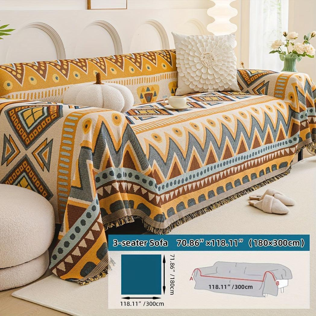 Boho Chic Double-sided Chenille Sofa Cover with Tassels - All-season, texture detail - House Of Avana
