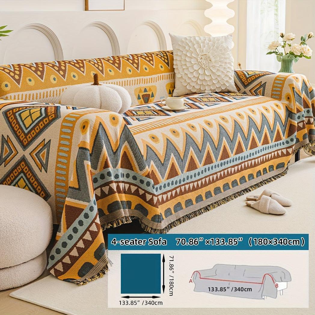 Boho Chic Double-sided Chenille Sofa Cover with Tassels - All-season, dimensions view - House Of Avana