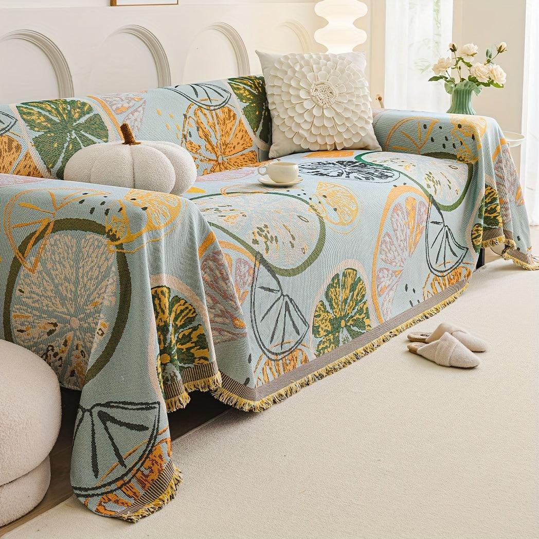 Boho Chic Double-sided Chenille Sofa Cover with Tassels - All-season, in-use display - House Of Avana
