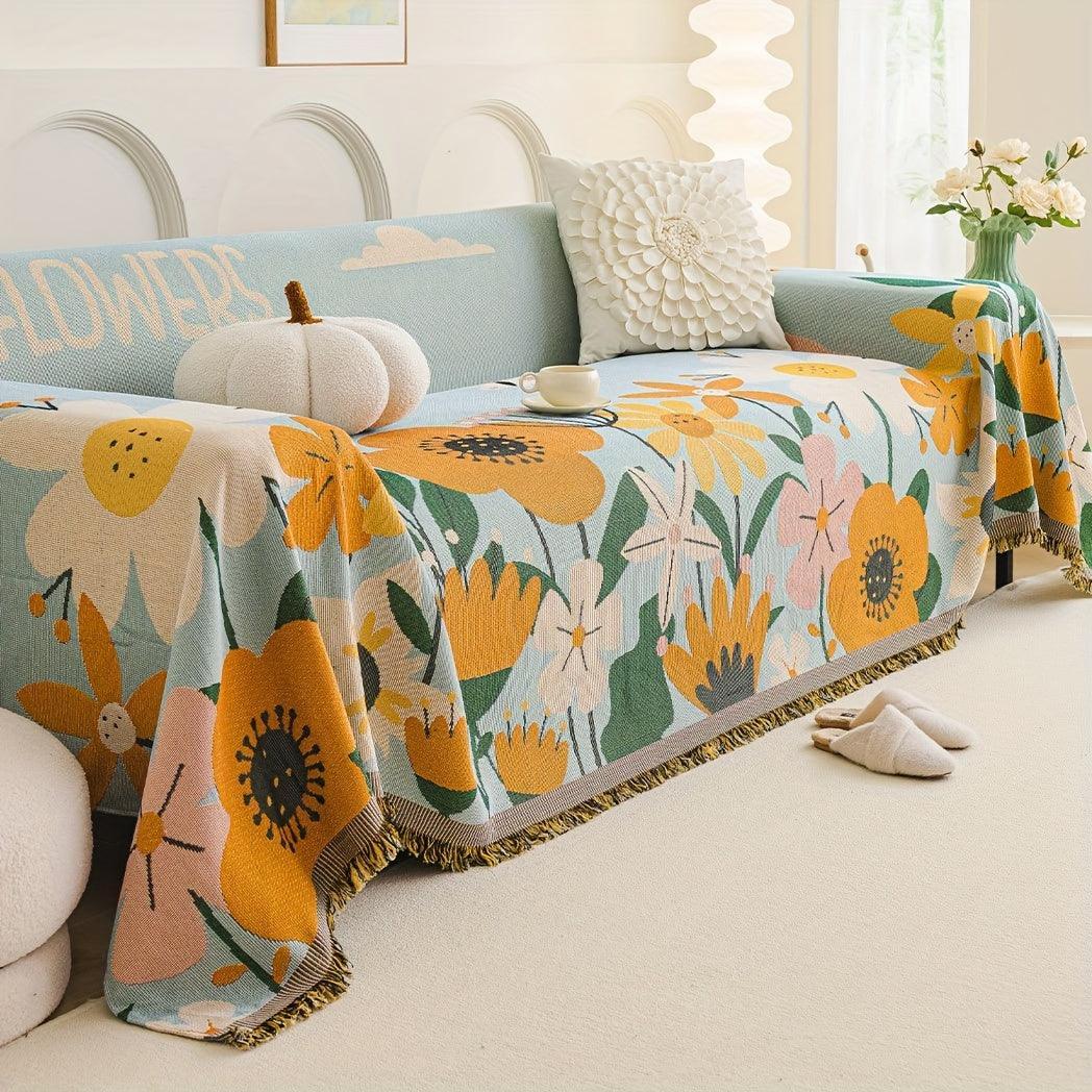 Boho Chic Double-sided Chenille Sofa Cover with Tassels - All-season, alternate view - House Of Avana