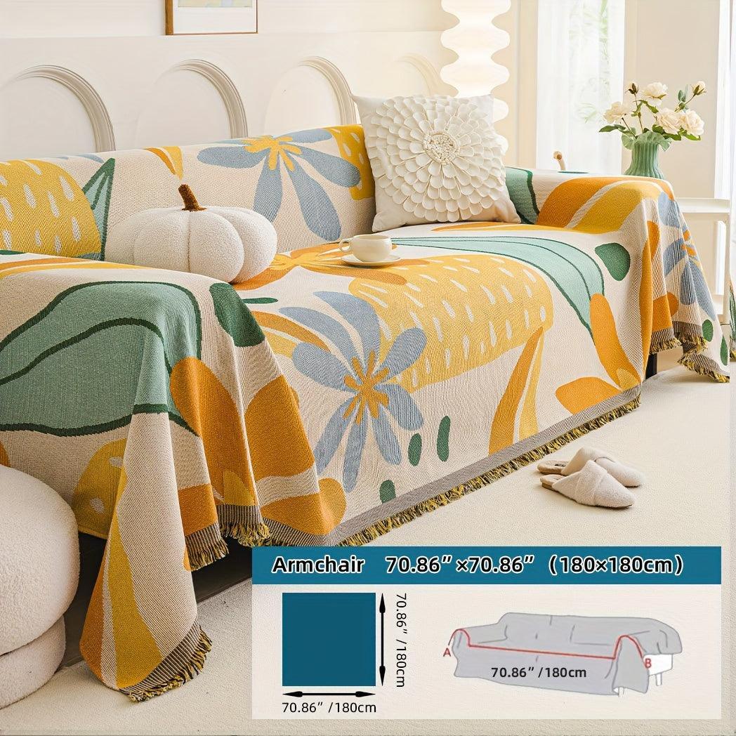 Boho Chic Double-sided Chenille Sofa Cover with Tassels - All-season, alternate view - House Of Avana