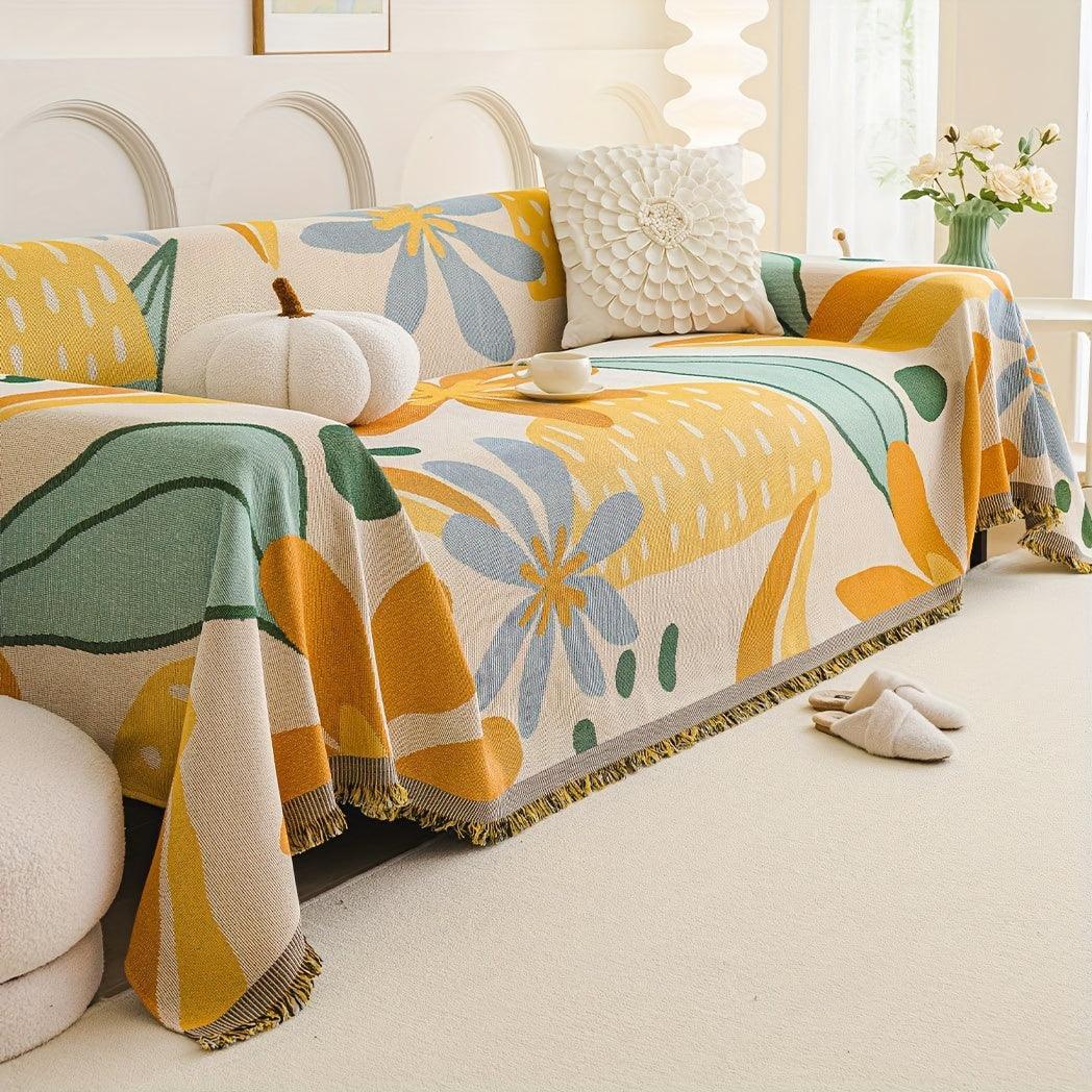Boho Chic Double-sided Chenille Sofa Cover with Tassels - All-season, alternate view - House Of Avana