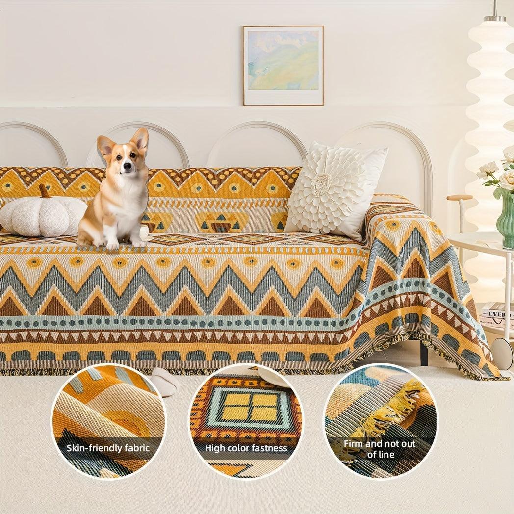 Boho Chic Double-sided Chenille Sofa Cover with Tassels - All-season, back view - House Of Avana