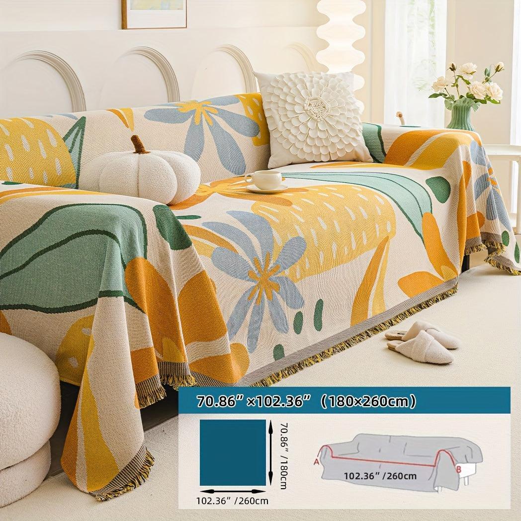 Boho Chic Double-sided Chenille Sofa Cover with Tassels - All-season, alternate view - House Of Avana