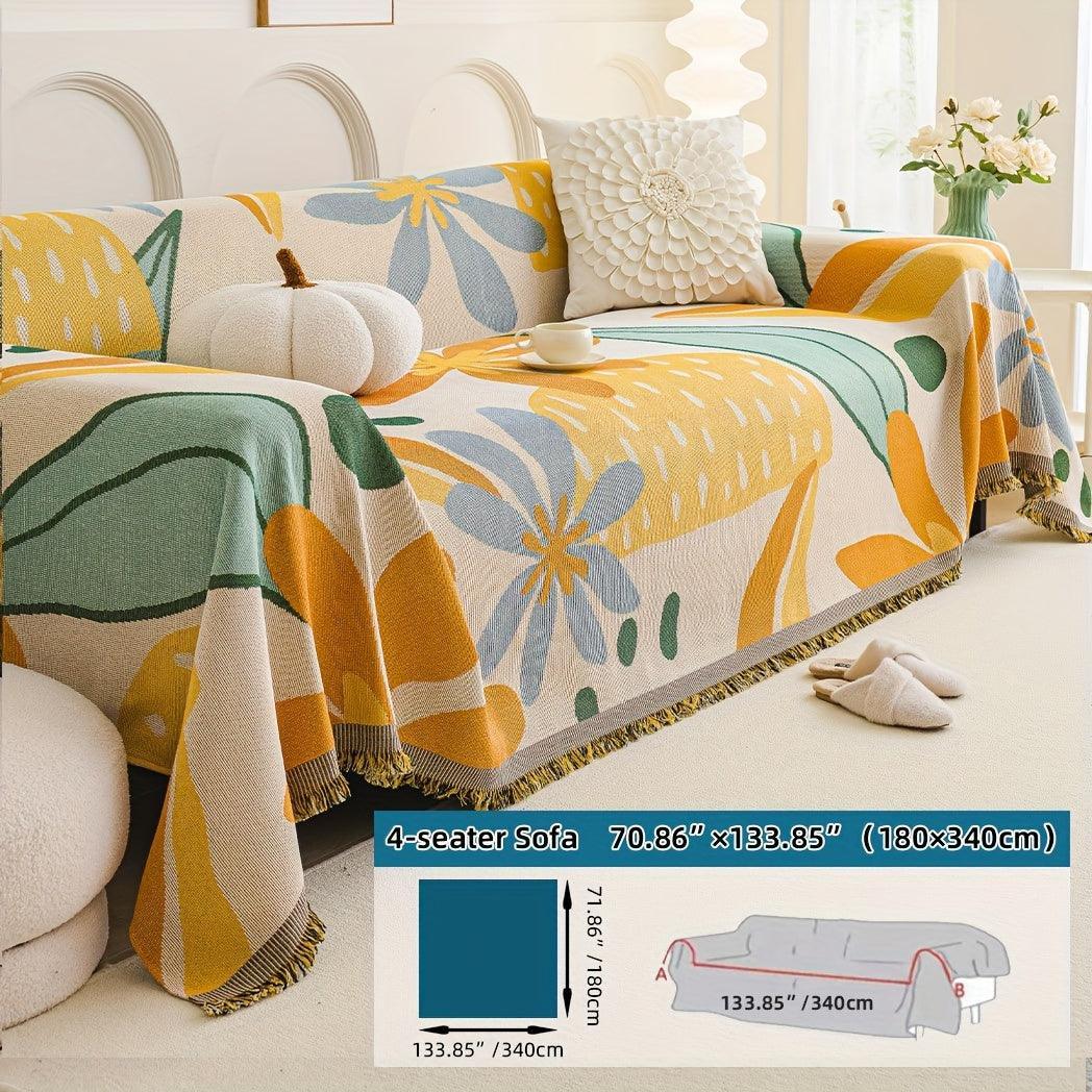 Boho Chic Double-sided Chenille Sofa Cover with Tassels - All-season, alternate view - House Of Avana