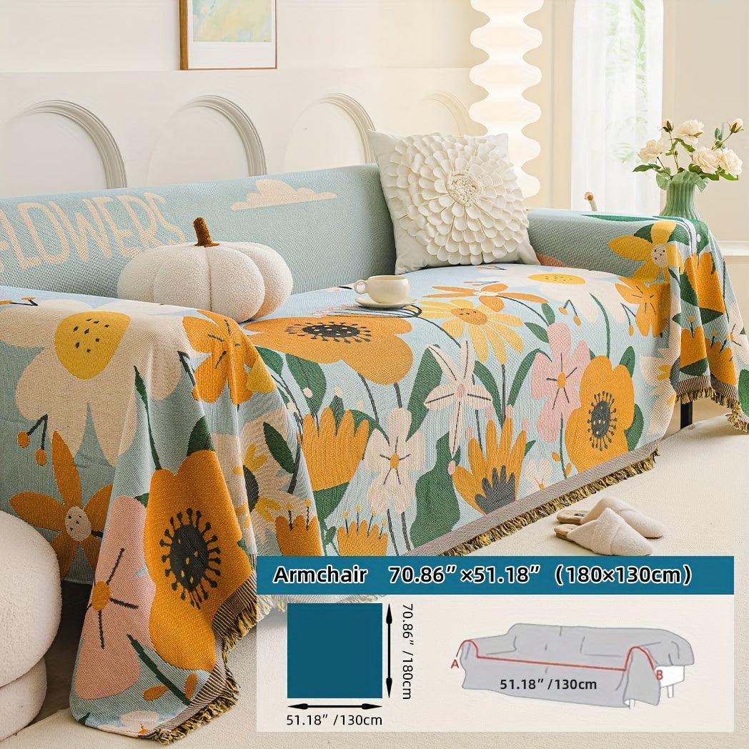 Boho Chic Double-sided Chenille Sofa Cover with Tassels - All-season, alternate view - House Of Avana